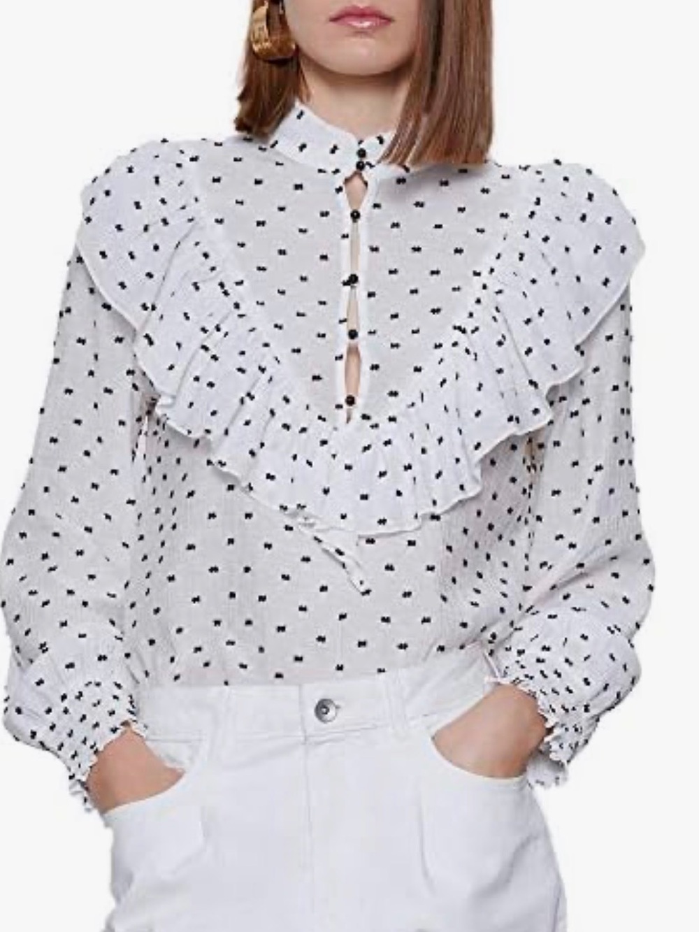 ZARA Swiss Dot Semi-Sheer Ruffled Blouse Size M - Picture 3 of 10